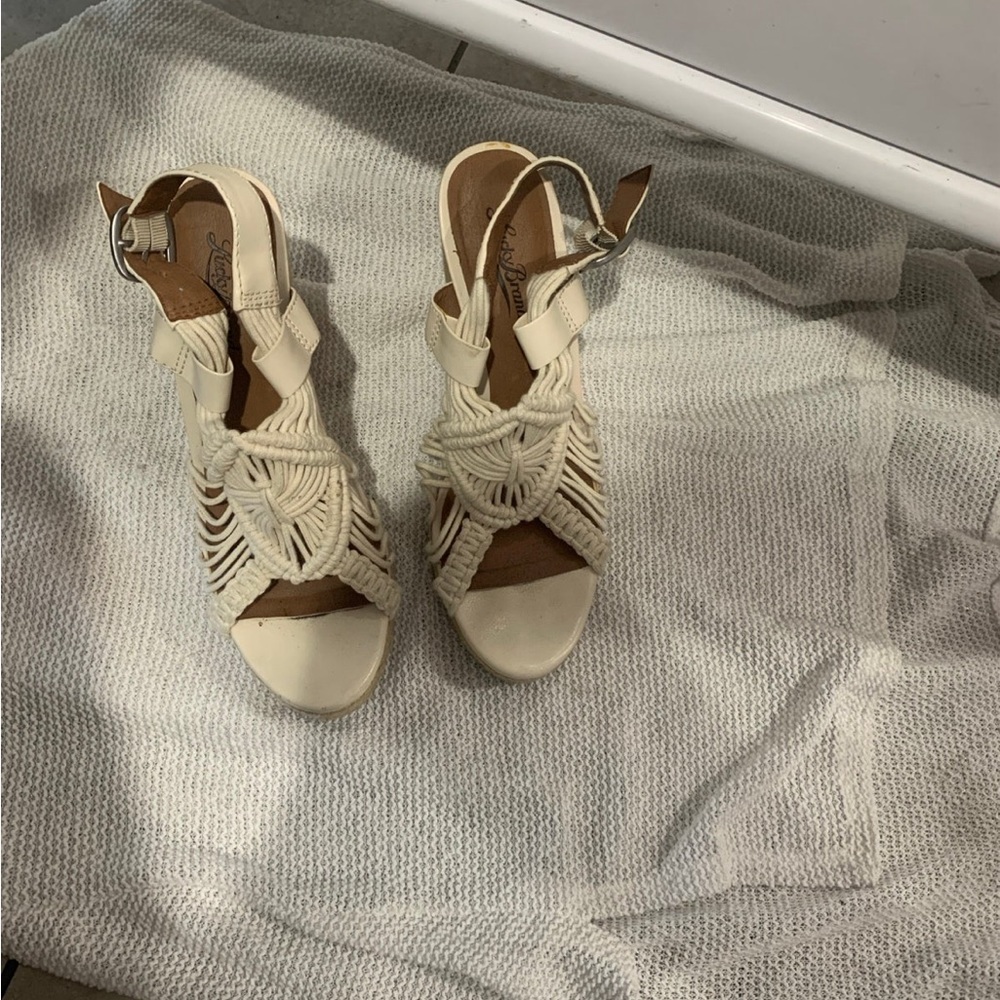 Lucky Brand Womens Wedge Sandals Cream Rope Macrame Boho Woven
